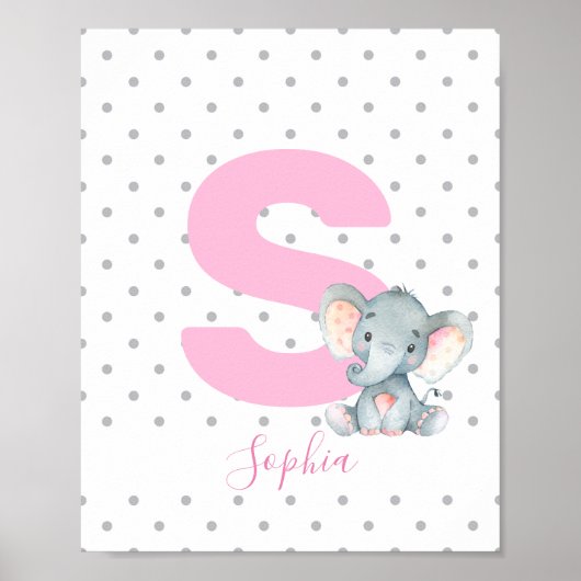 Roze Elephant Personalized Girl Baby Name Nursery Poster (Voorkant)