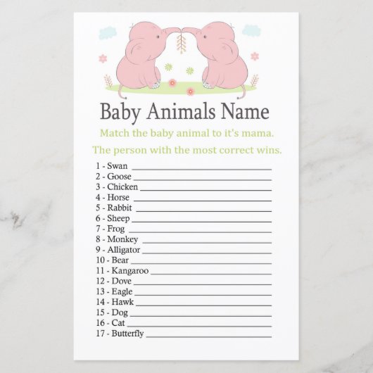 Roze ellephant Baby Animals Name Game (Voorkant)