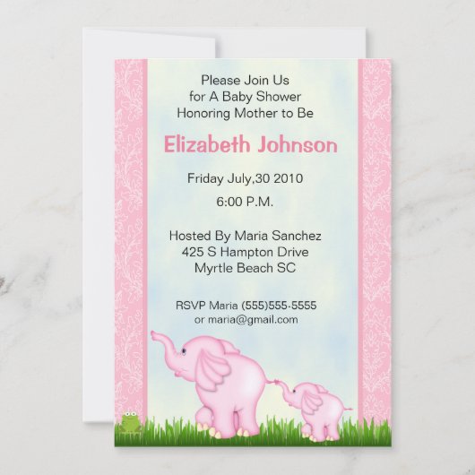 Roze ellephant Baby Shower Invitations Kaart (Voorkant)