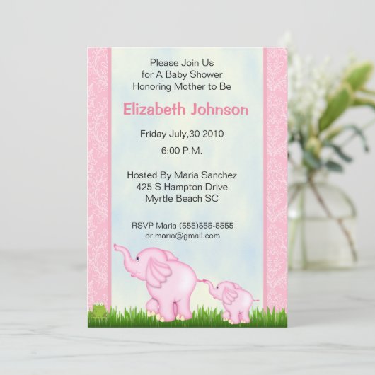 Roze ellephant Baby Shower Invitations Kaart (Staand voorkant)