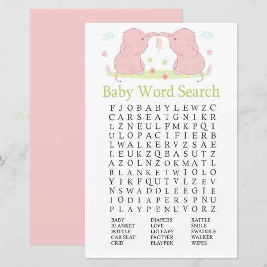Roze ellephant Baby shower Word Search Game (Voorkant / Achterkant)