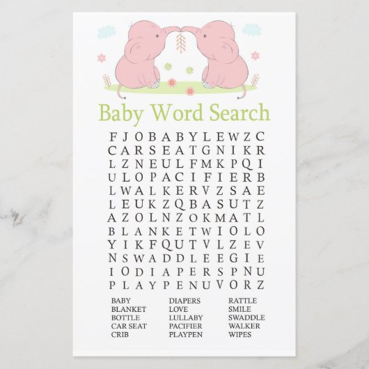 Roze ellephant Baby shower Word Search Game (Voorkant)