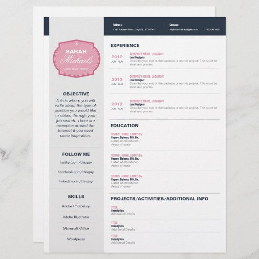 Roze Emblem Resume Briefhoofd Ontwerp (Voorkant / Achterkant)