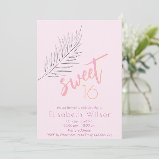 Roze Embossed palm minimalistisch script zoet 16 Kaart (Staand voorkant)