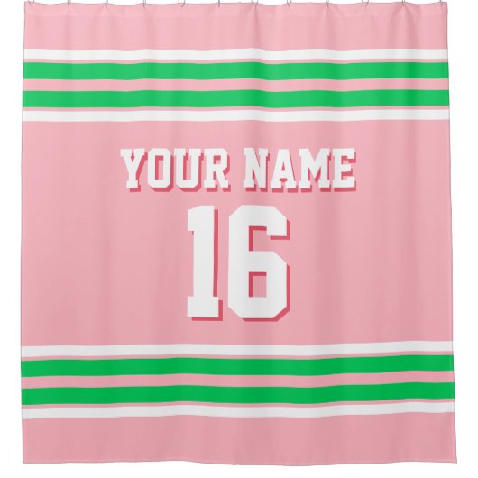 Roze Emerald Green White Stripes Sport Jersey Douchegordijn (Voorkant)