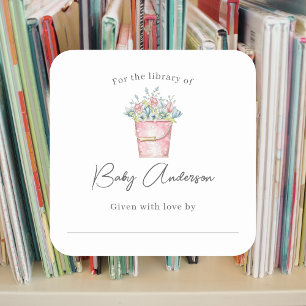 Roze emmer van bloemen Baby shower boekenplaat Vierkante Sticker