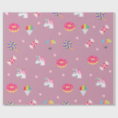 roze emoji unicorns snoepjes bloemen lollipops cadeaupapier (Vlak)