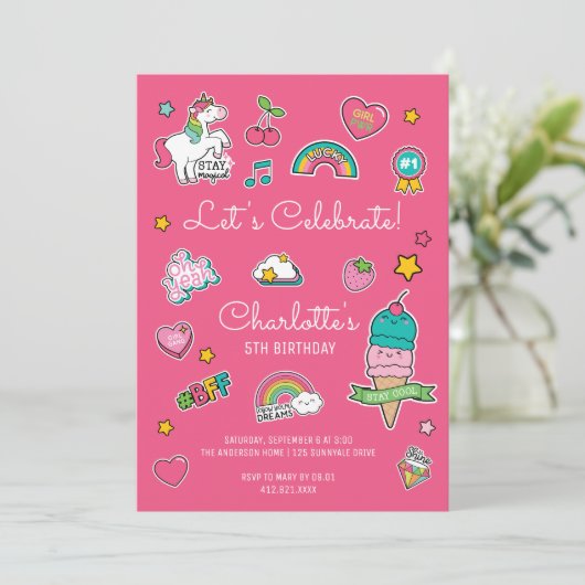 Roze Emoji Verjaardag Eenhoorn Meisje Kaart (Staand voorkant)