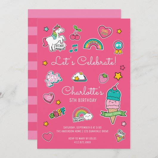 Roze Emoji Verjaardag Eenhoorn Meisje Kaart (Voorkant / Achterkant)