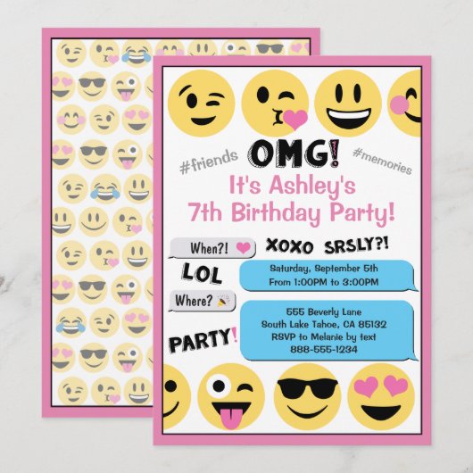 Roze Emoji Verjaardag Uitnodiging (Voorkant / Achterkant)