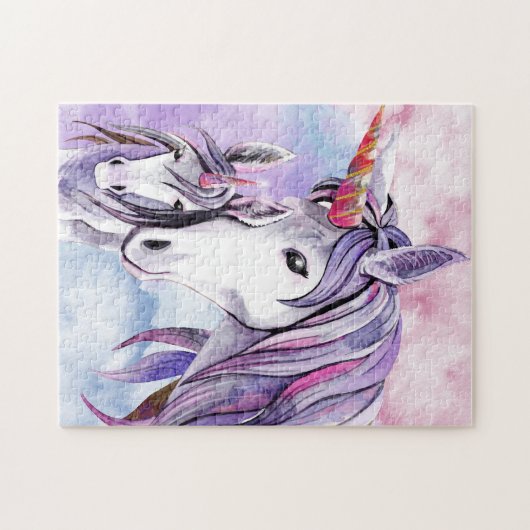 Roze en Amethyst Unicorn moeder en kind Legpuzzel (Horizontaal)