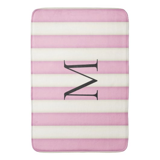 Roze en antiek witte gestreepte monogram badmat (Voorkant Verticaal)