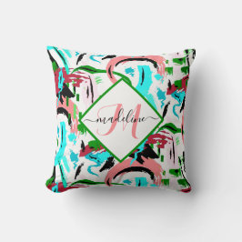 Roze en aqua abstract gepersonaliseerd kussen