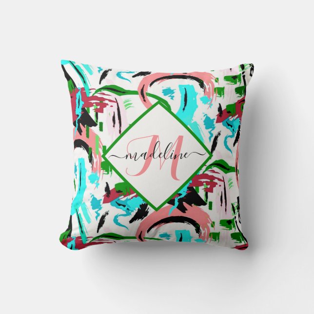 Roze en aqua abstract gepersonaliseerd kussen (Voorkant)