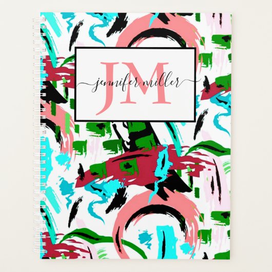 Roze en aqua abstract gepersonaliseerd planner (Voorkant)