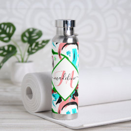 Roze en aqua abstract persoonlijk waterfles