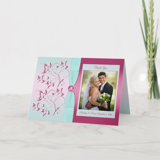 Roze en Aqua bedankkaart met foto (Voorkant)