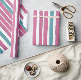 Roze en Aqua Blauw Geschilderd Gestreept Patroondo Cadeaupapier