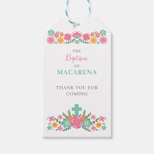 Roze en aqua bloemen met kruis baby meisje doop cadeaulabel (Voorkant)