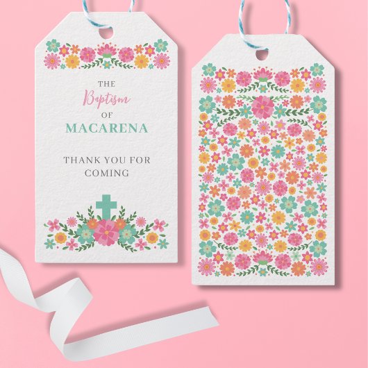 Roze en aqua bloemen met kruis baby meisje doop cadeaulabel