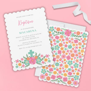 Roze en aqua bloemen met kruis baby meisje doop kaart