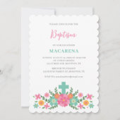 Roze en aqua bloemen met kruis baby meisje doop kaart (Voorkant)