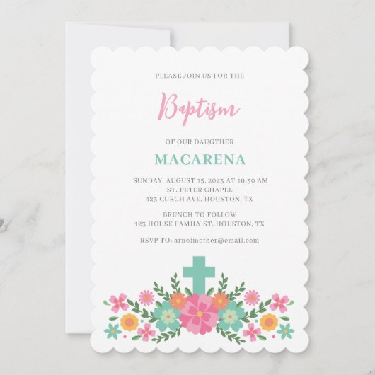 Roze en aqua bloemen met kruis baby meisje doop kaart (Voorkant)
