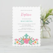 Roze en aqua bloemen met kruis baby meisje doop kaart (Staand voorkant)