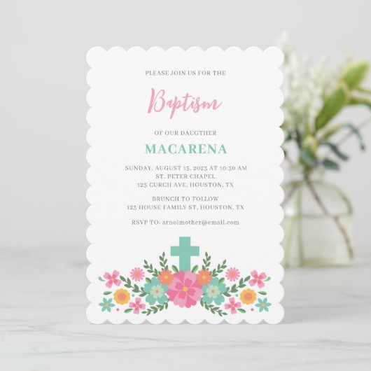 Roze en aqua bloemen met kruis baby meisje doop kaart (Staand voorkant)
