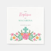 Roze en aqua bloemen met kruis baby meisje doop servet (Voorkant)