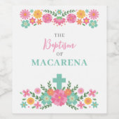 Roze en aqua bloemen met kruis baby meisje doop wijn etiket (Enkel label)