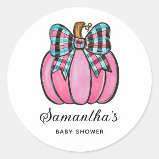 Roze en Aqua Coquette Strik Pompoen Baby Shower Ronde Sticker