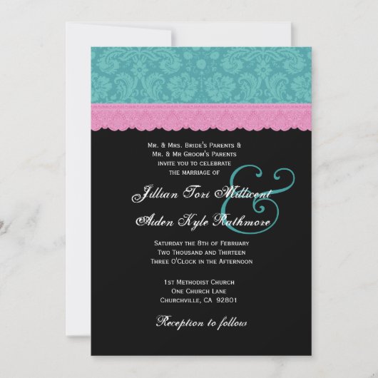 Roze en Aqua Damask Lace Wedding Monogram P524 Kaart (Voorkant)
