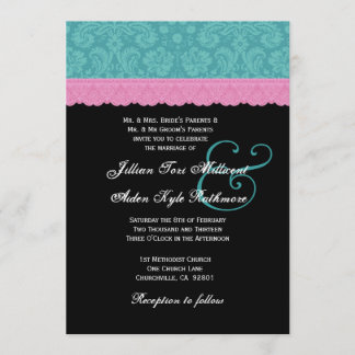 Roze en Aqua Damask Lace Wedding Monogram P524 Kaart