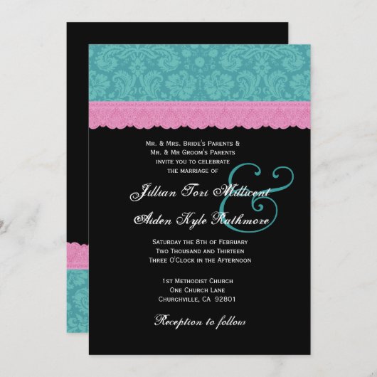 Roze en Aqua Damask Lace Wedding Monogram P524 Kaart (Voorkant / Achterkant)