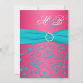 Roze en Aqua Damask Monogrammed Invitation Kaart (Voorkant)