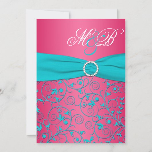 Roze en Aqua Damask Monogrammed Invitation Kaart (Voorkant)