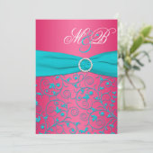 Roze en Aqua Damask Monogrammed Invitation Kaart (Staand voorkant)