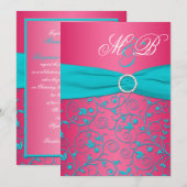 Roze en Aqua Damask Monogrammed Invitation Kaart (Voorkant / Achterkant)
