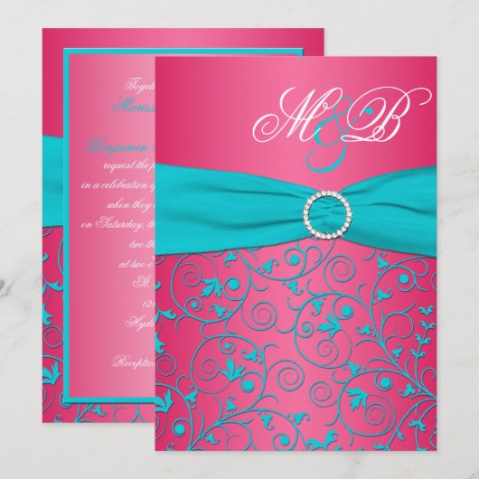 Roze en Aqua Damask Monogrammed Invitation Kaart (Voorkant / Achterkant)