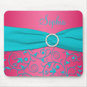 Roze en Aqua Damask Mousepad Muismat