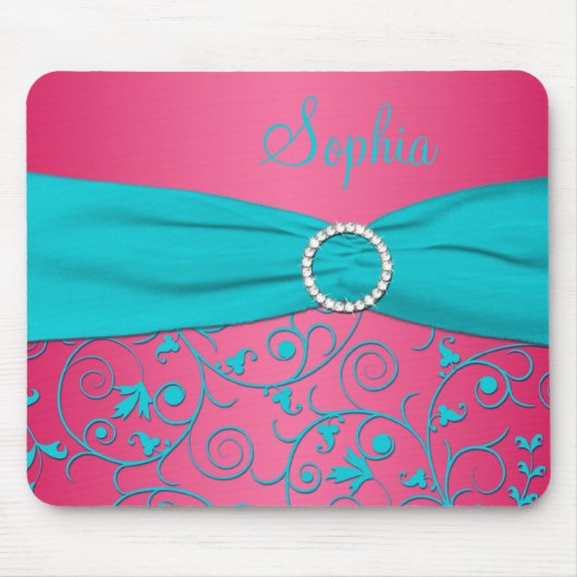 Roze en Aqua Damask Mousepad Muismat (Voorkant)