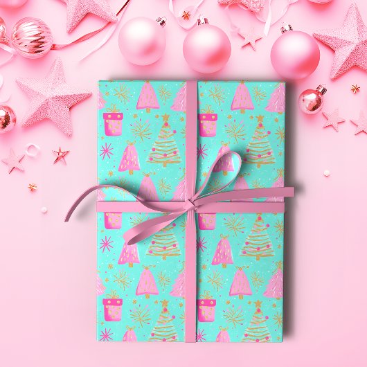 Roze en Aqua feestelijke kerst Cadeaupapier