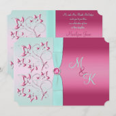 Roze en Aqua Floral Monogrammed Invitation Kaart (Voorkant / Achterkant)