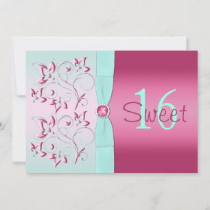 Roze en Aqua Floral Sweet Sixteen Uitnodiging