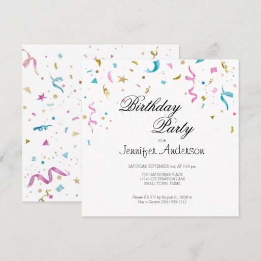 Roze en Aqua Glitter Confetti Invitation (Voorkant / Achterkant)