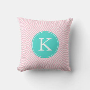 Roze en Aqua Grieks sleutelpatroon Monogram Kussen