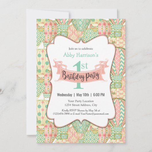 Roze en Aqua hete luchtballonnen verjaardagsfeestj Kaart (Voorkant)