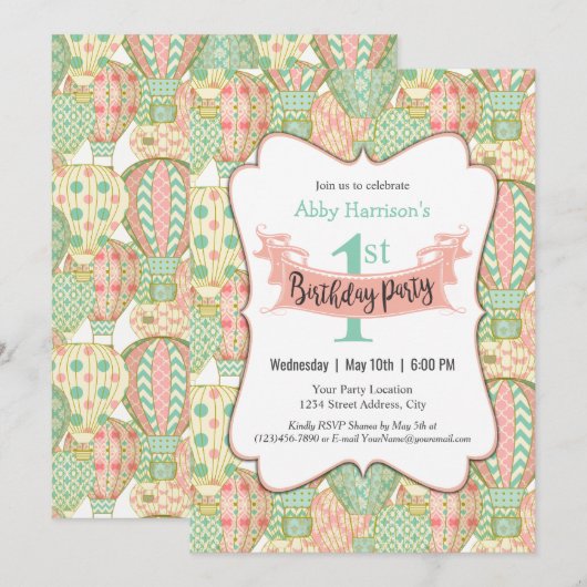 Roze en Aqua hete luchtballonnen verjaardagsfeestj Kaart (Voorkant / Achterkant)