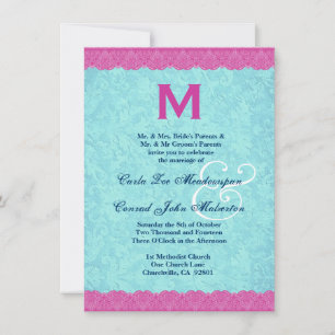 Roze en Aqua Lace Monogram Wedding F585 Kaart